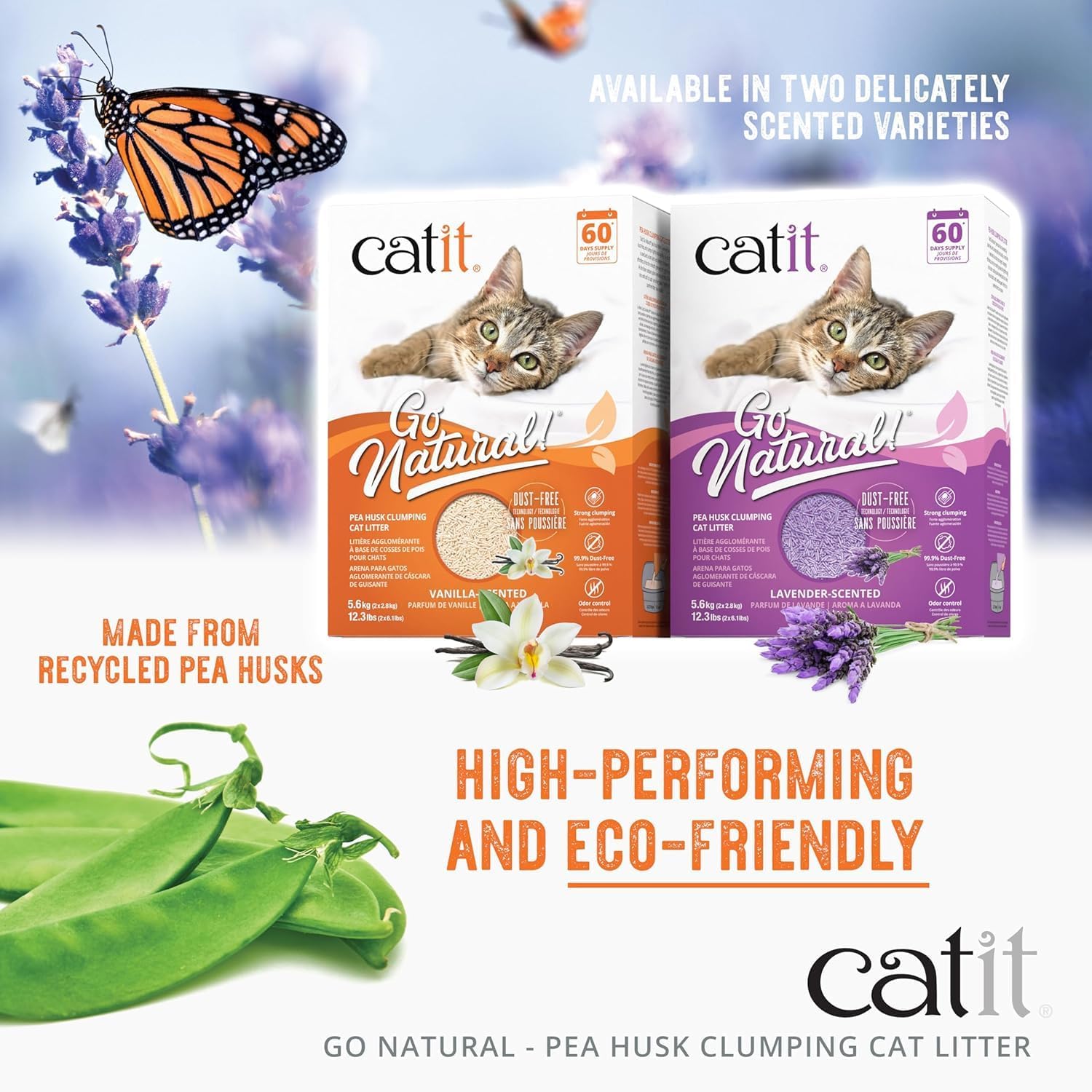Catit Go Natural Lavender Scented Pea Husk Clumping Cat Litter, Deodorising, 99.9% Dust-Free, Fast Clumping Cat Litter, Plant-Based Litter for Cats & Kittens, 5.6kg (2 x 2.8kg)