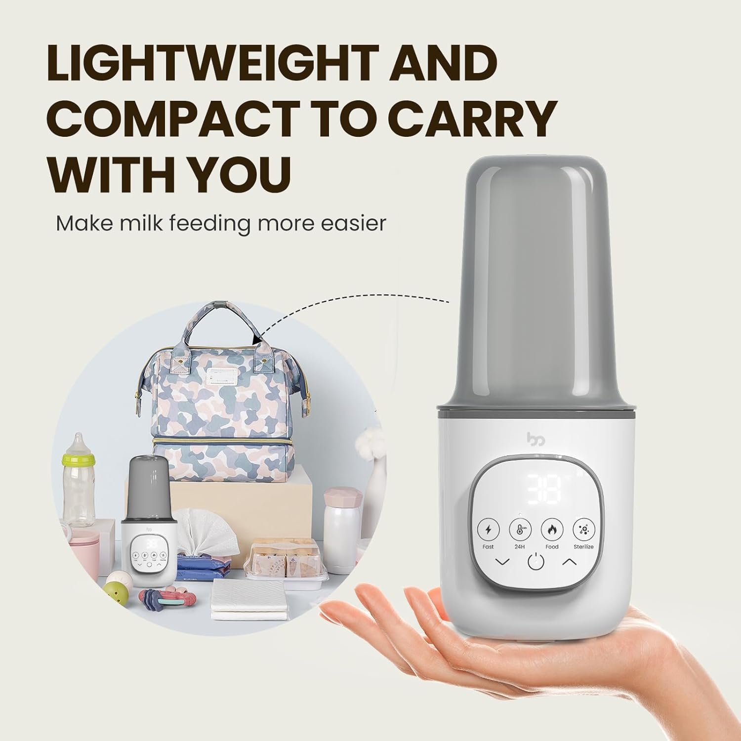 Baby Bottle Warmer, Warms Baby Feeds to Body Temperature in Minutes, Easy to Use, with Timer, Accurate Temp Control, Automatic Shut-Off, Warmer for All Bottles, Gray Cover
