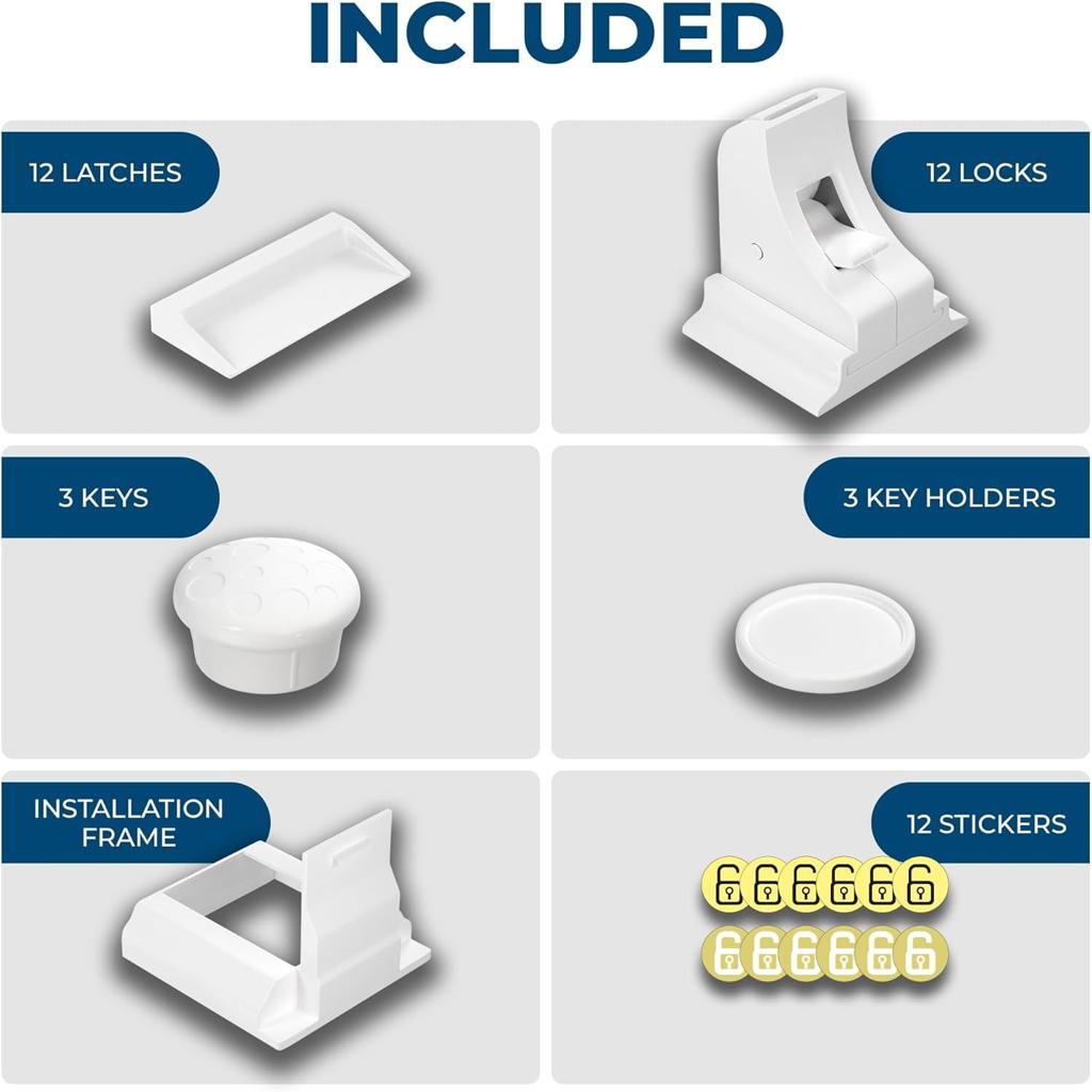 Hoffenbach Magnetic Child Lock with Mounting Aid - Cupboard Lock - Invisible Drawer Lock - for Baby and Children (White, 12 Magnets + 3 Keys)