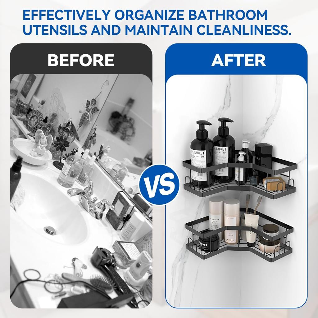 Shower Caddy, 2 Pack Black Bathroom Shelves, Adhesive Shelf Storage No Drilling, Shower Organiser, Rust-Resistant Caddy Corner, Soap Holder, Bathroom Accessory