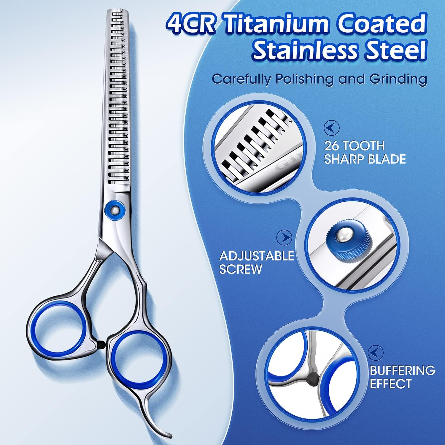 Gimars Professional 5 in 1 Dog Grooming Scissors, 4CR with Round Safety Tip, Heavy Duty Titanium Coating, Straight and Thinning and Curved Scissors