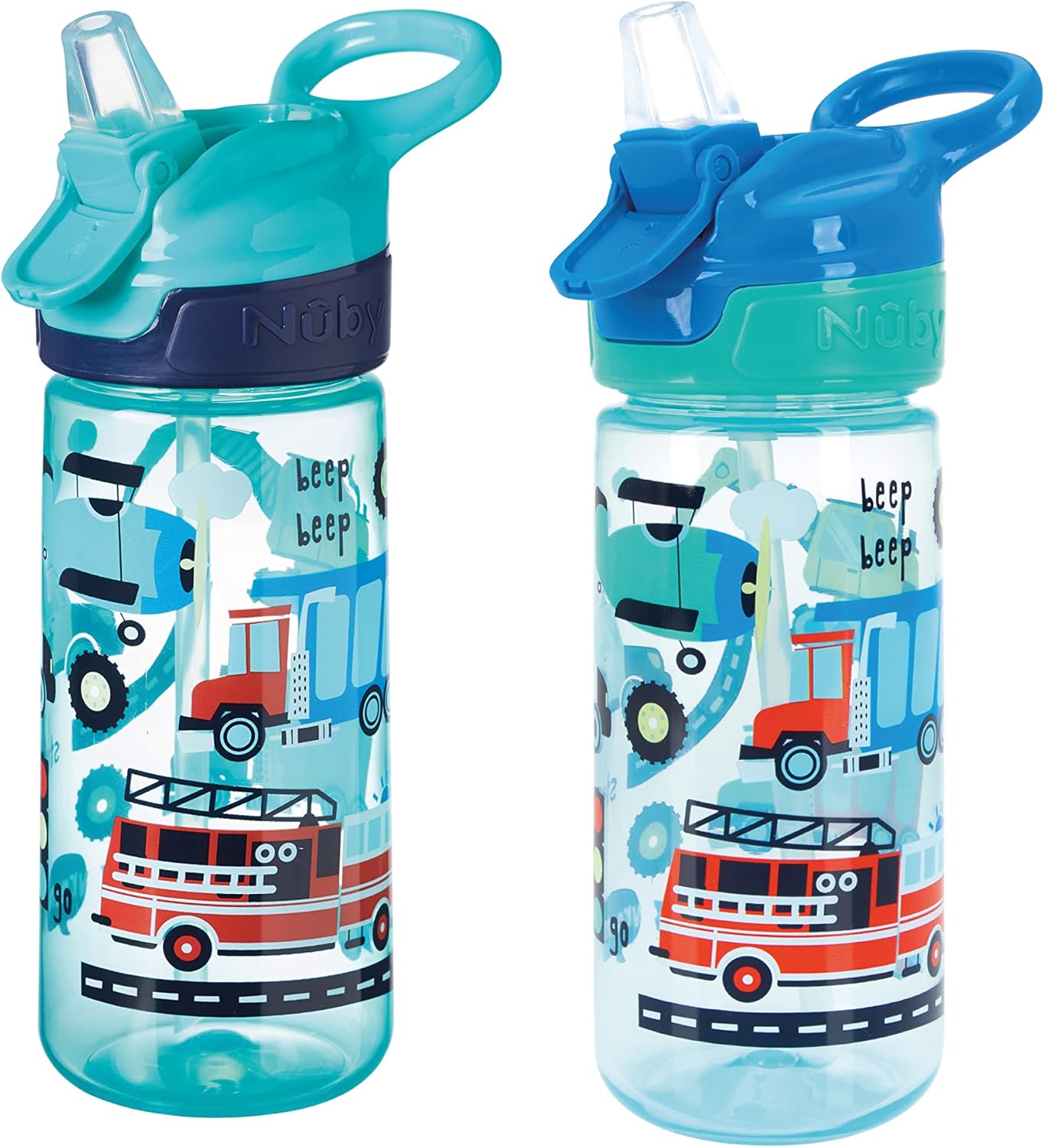 Nuby Super Quench Straw Water Bottle – Spill Proof Active Toddler Sippy Cup | 540ml/19oz | Freeflow | Dishwasher and Steriliser Safe | Suitable Toddler Beaker for 18 Months Plus (Traffic, Pack of 2)