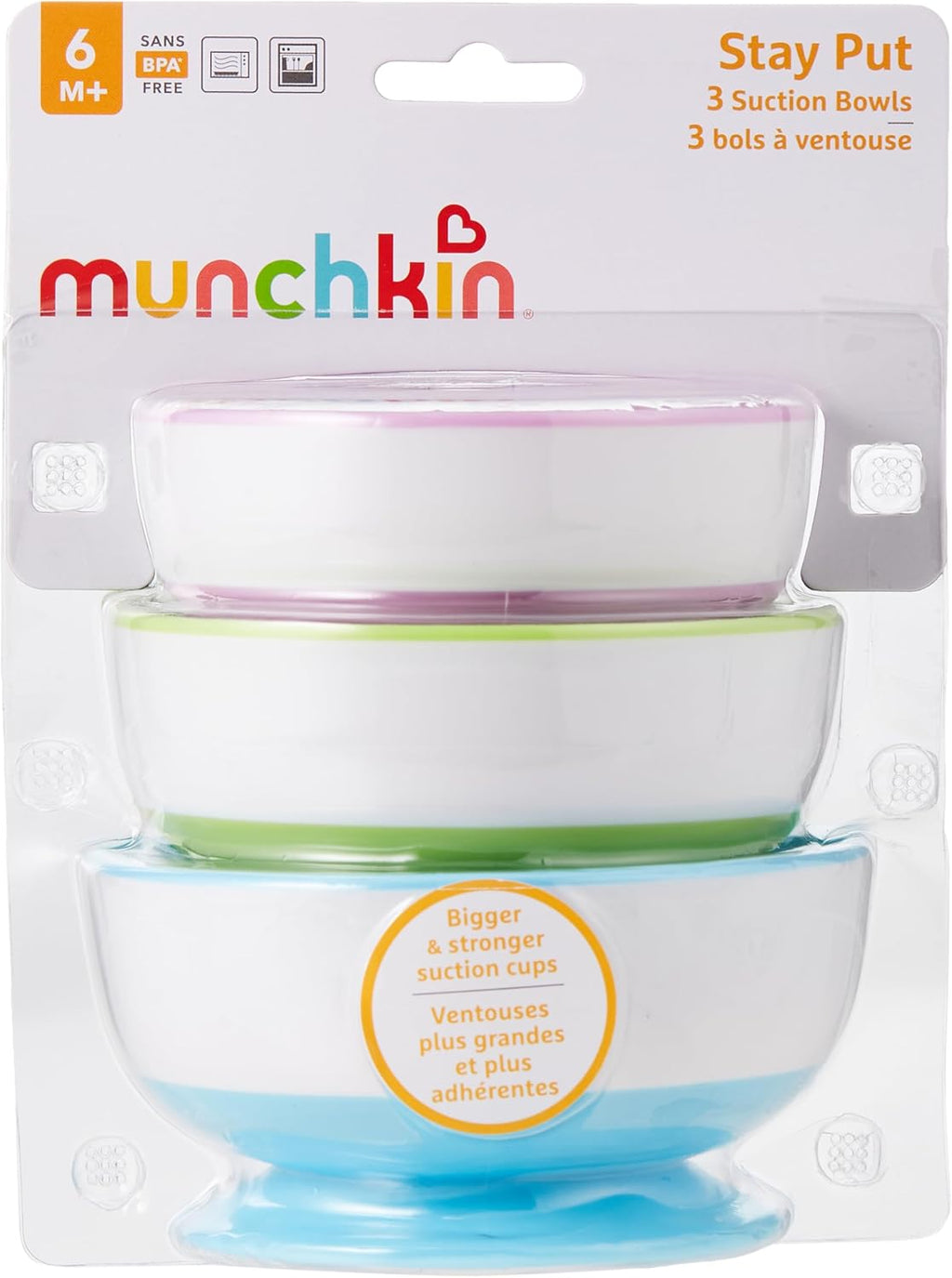 Munchkin Stay Put Baby Suction Bowl Set| Baby Bowls for Weaning| Baby Feeding Suction Dish Pack| for Babies & Toddlers 6 Months+|BPA Free Weaning Set for Babies| Microwave/Dishwasher Safe | 3 Pack