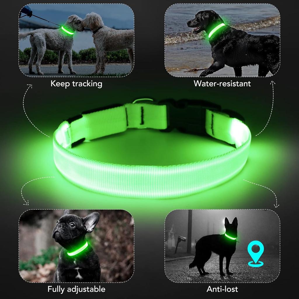 KOSKILL Light-Up Dog Collar, Rechargeable USB Collar, Waterproof, Luminous LED Collar, Adjustable, Super Bright, for Medium/Large Dogs, Green, M