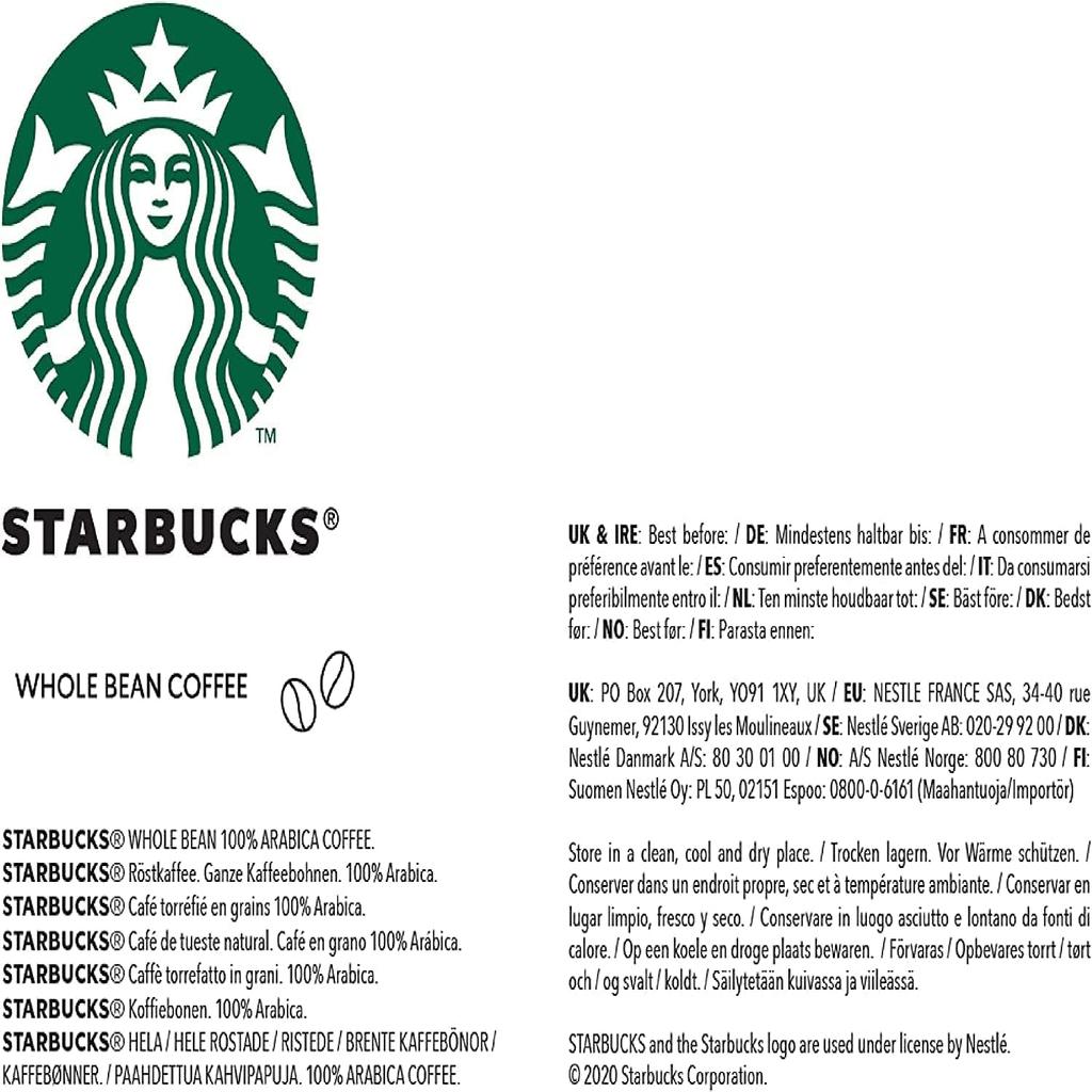 STARBUCKS Espresso Roast, Dark Roast, Whole Coffee Beans 200 g (Pack of 6)