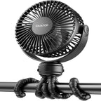 gaiatop Mini Portable Pram Fan, Rechargeable Small Clip on Fan for Stroller, Detachable 3 Speed 360° Rotate Flexible Tripod Handheld Desk Cooling for Car Seat Crib Treadmill Travel Black