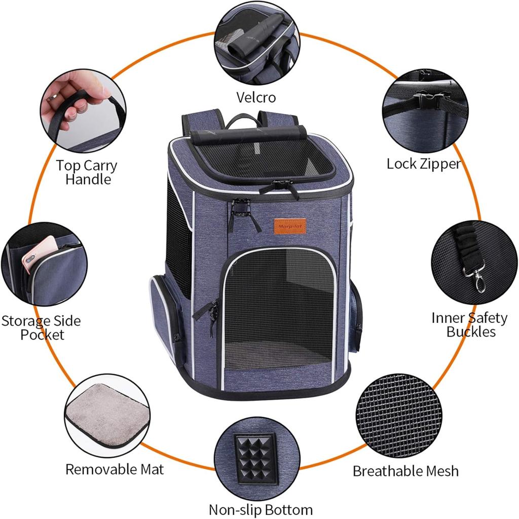 morpilot Cat Carrier Backpack, Foldable Pet Carrier Backpack for Cats and Small Dogs, Dog Backpack Carrier with Ventilated Design Inner Safety Strap, Puppy Carrier Bag for Travel Camping Hiking blue [Energy Class A]