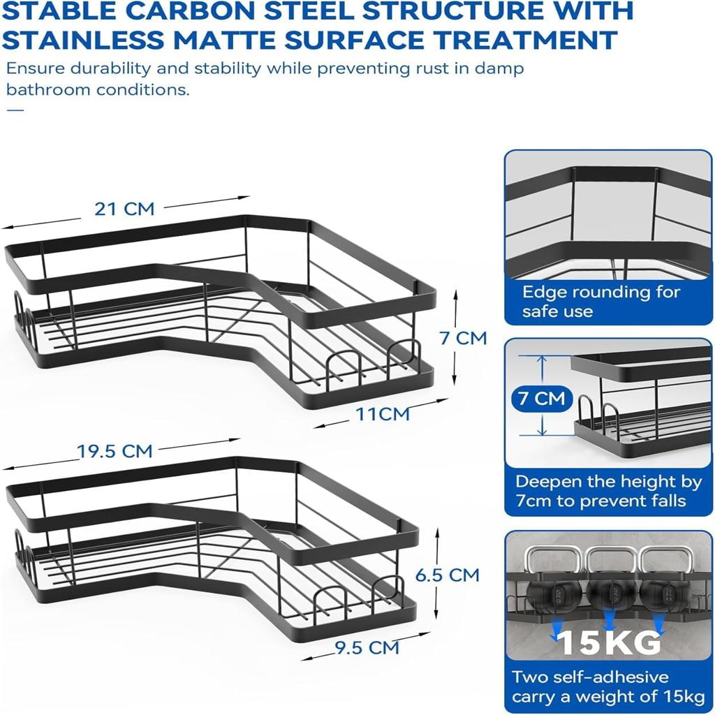 Shower Caddy, 2 Pack Black Bathroom Shelves, Adhesive Shelf Storage No Drilling, Shower Organiser, Rust-Resistant Caddy Corner, Soap Holder, Bathroom Accessory
