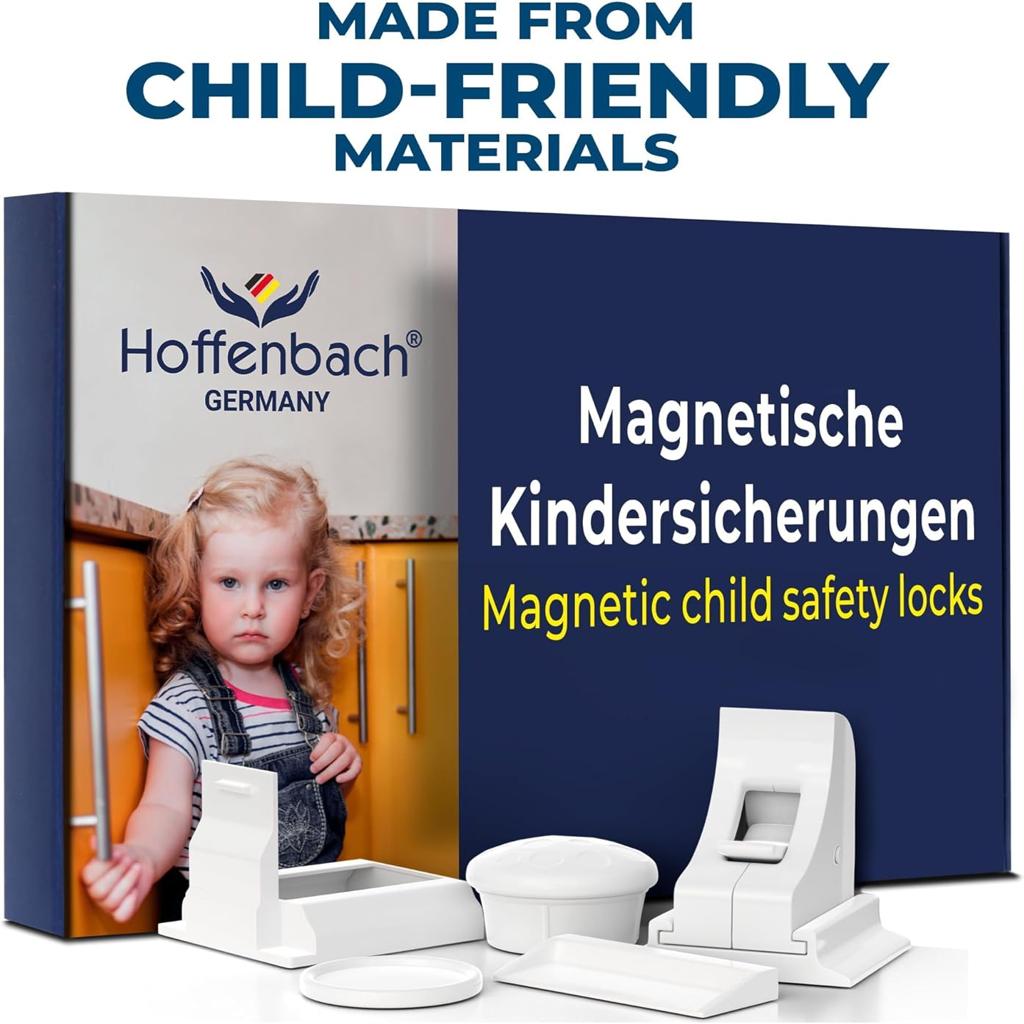 Hoffenbach Magnetic Child Lock with Mounting Aid - Cupboard Lock - Invisible Drawer Lock - for Baby and Children (White, 12 Magnets + 3 Keys)