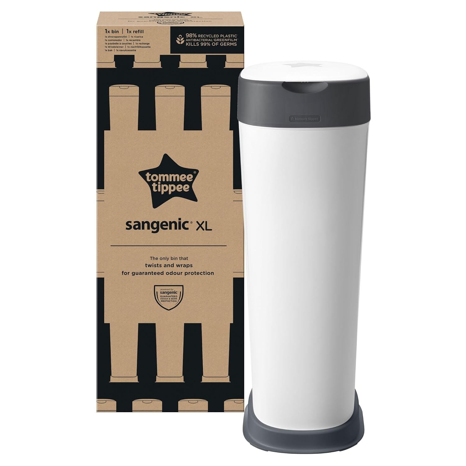 Tommee Tippee Twist and Click Poubelle à Couches de Taille XL, Pouvant Contenir Jusqu’à 60 Couches, Système Plus Respectueux de l’Environnement, Comprend 1x Recharge avec GREENFILM Antibactérien d’Origine Durable