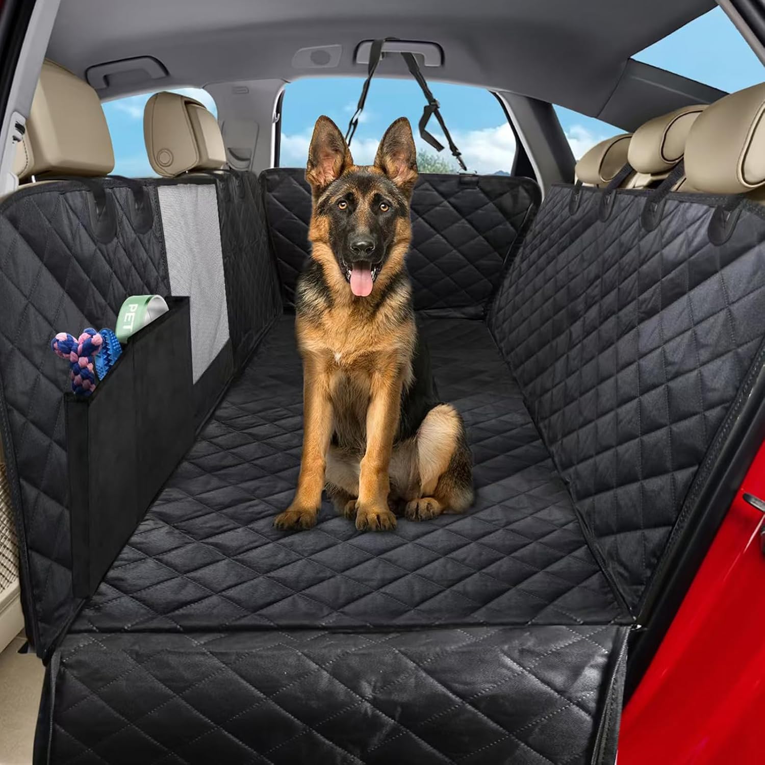 Sosayet Dog Blanket Car Rear Seat - 4-in-1 Car Seat Cover for Dogs with Side Protection, Viewing Window & Seat Belt - Waterproof, Non-Slip, Scratch-Resistant - 137 x 147 cm for Car, SUV & Van