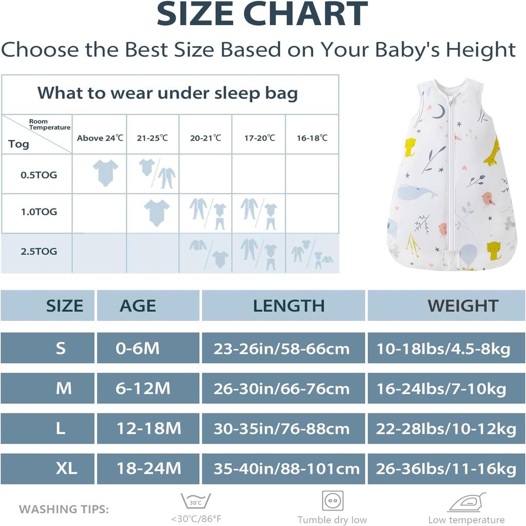 Mosebears Baby Winter Sleeping Bag, Children's Sleeping Bag, 2.5 Tog, Baby Sleeping Bags,100% Cotton for Various Sizes from Birth to Age of 24 Months(12-18 Months)