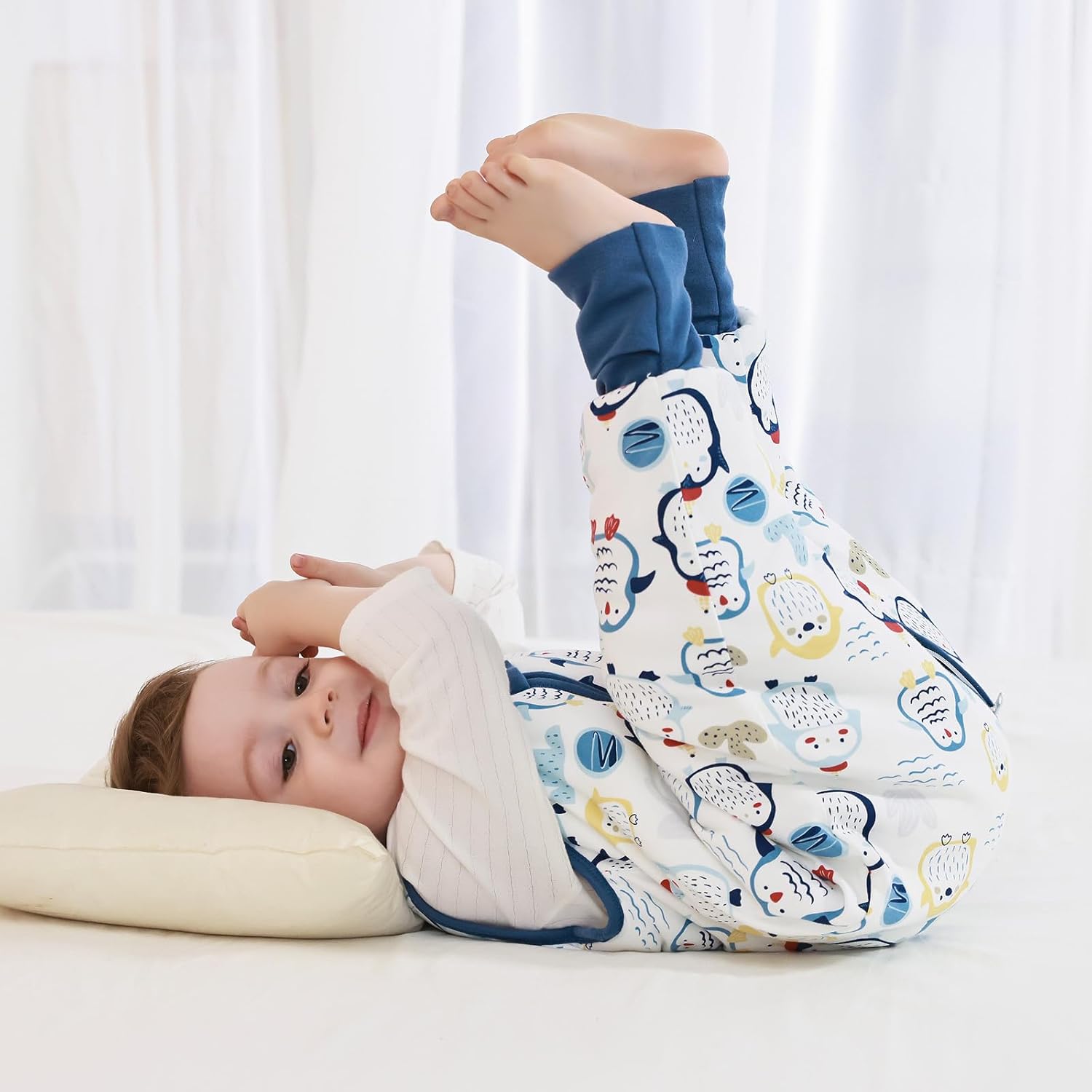 MIKAFEN Baby Winter Sleeping Bag with Feet,100% Cotton Kids Sleeping Bag 2.5Tog with Legs, Blue Penguin 80cm/18-36months