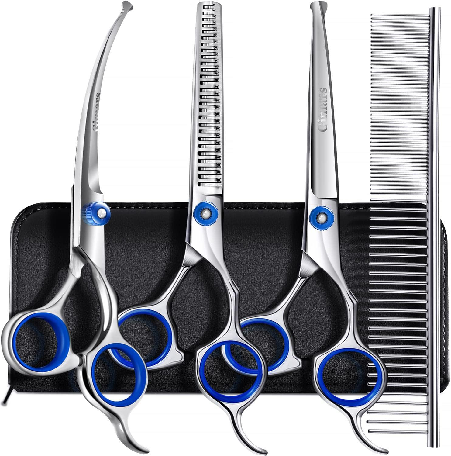 Gimars Professional 5 in 1 Dog Grooming Scissors, 4CR with Round Safety Tip, Heavy Duty Titanium Coating, Straight and Thinning and Curved Scissors