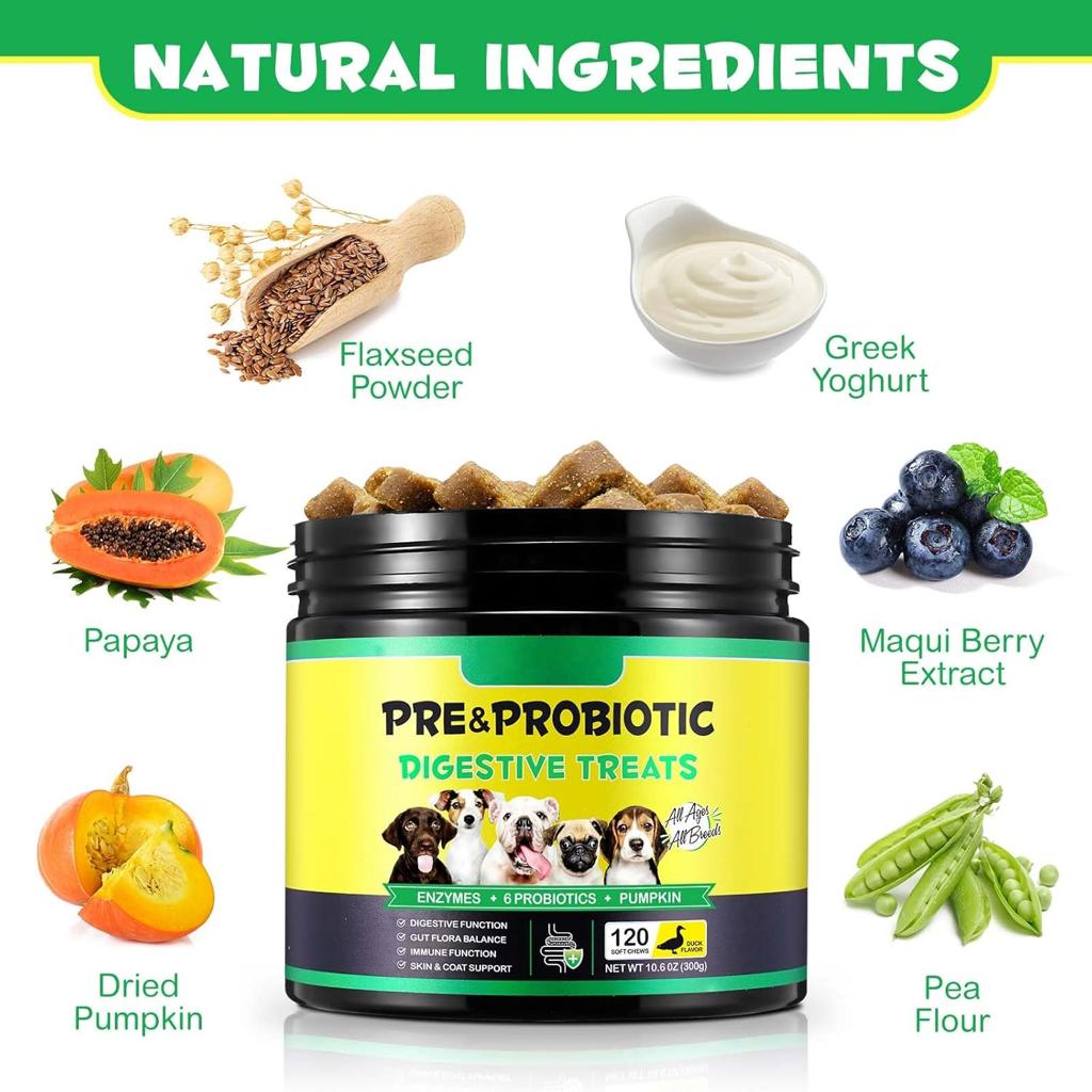 Probiotic for Dogs, Support of Dog Digestive Enzymes, Intestinal Health, Yeast Balance, Immune Supplement, Probiotic Treats, Suitable for All Ages and Breeds (120 Pieces)