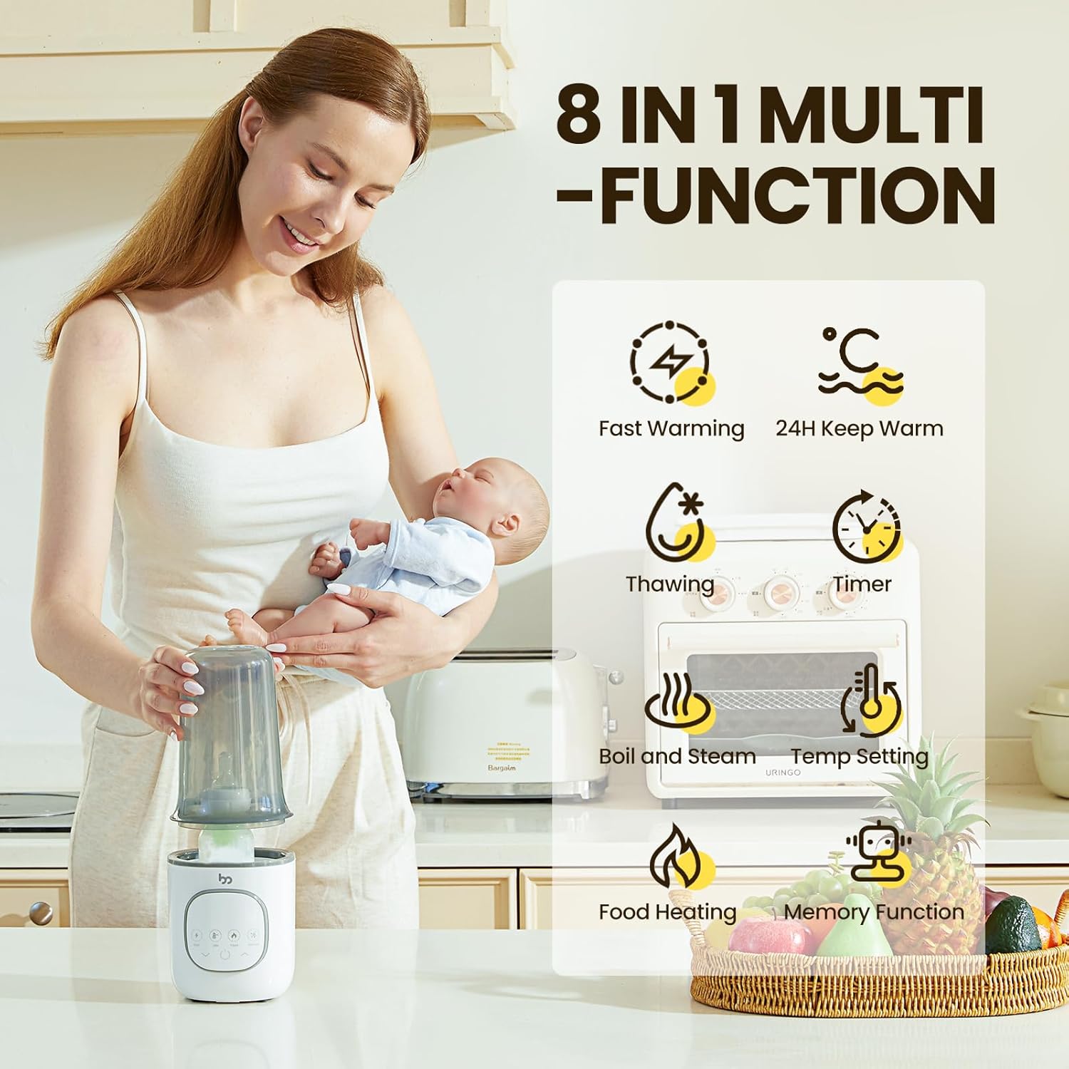 Baby Bottle Warmer, Warms Baby Feeds to Body Temperature in Minutes, Easy to Use, with Timer, Accurate Temp Control, Automatic Shut-Off, Warmer for All Bottles, Gray Cover