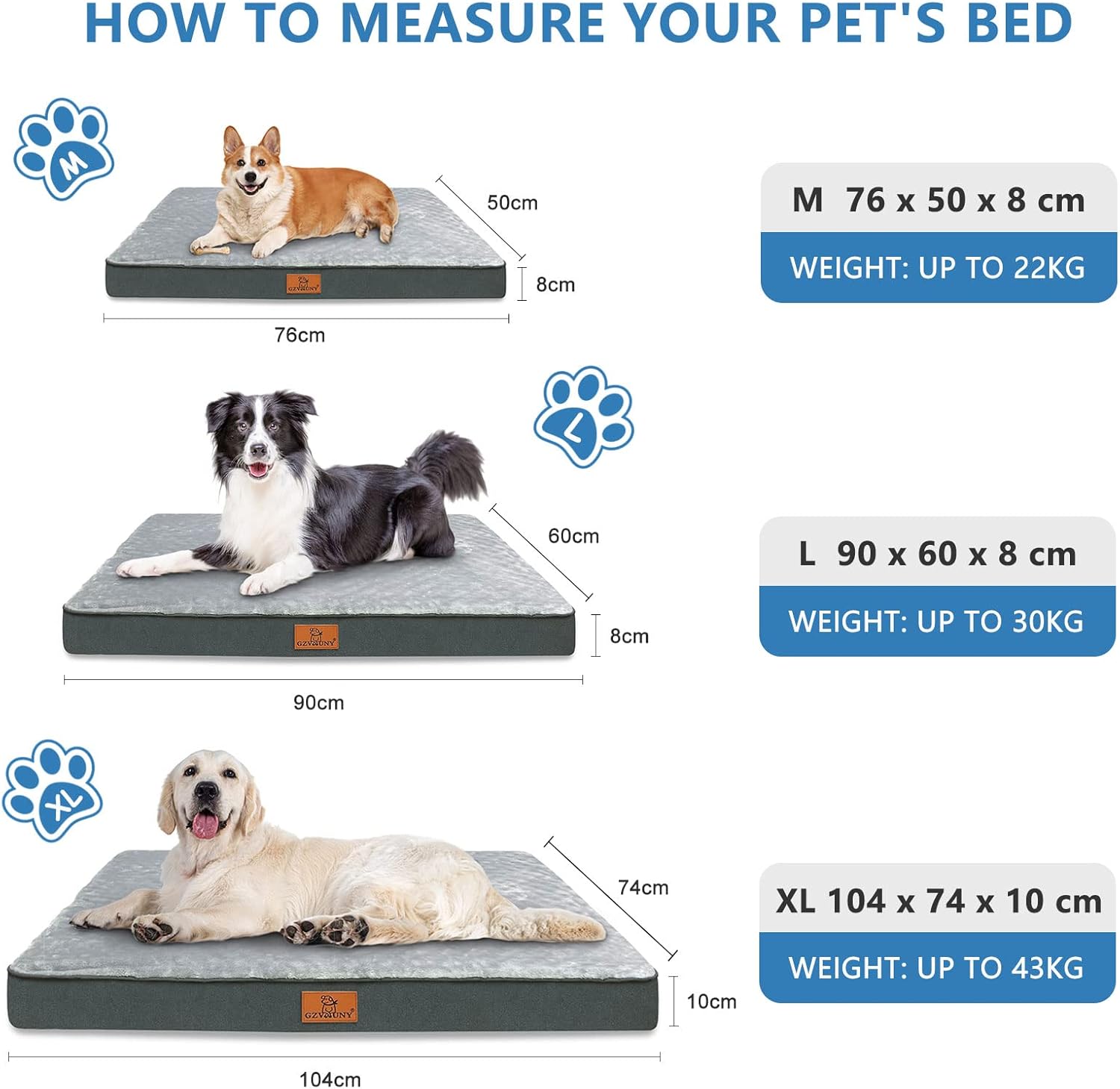 Gzvxuny Orthopedic Dog Bed for Medium, Large and Extra Large Dogs, Dog Bed with Removable Waterproof Cover, Egg Foam and Non-Slip Bottom, Pet Bed Machine Washable, Grey XL(104x74x10cm)
