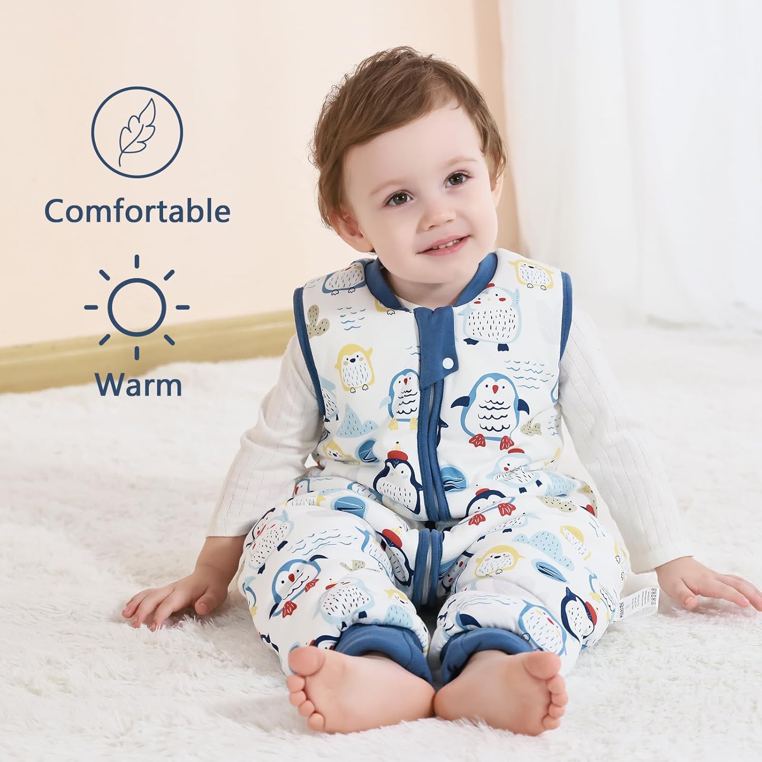 MIKAFEN Baby Winter Sleeping Bag with Feet,100% Cotton Kids Sleeping Bag 2.5Tog with Legs, Blue Penguin 80cm/18-36months
