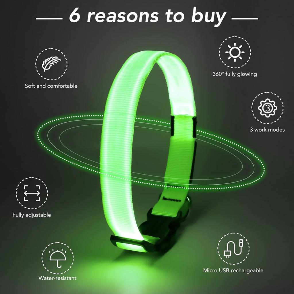 KOSKILL Light-Up Dog Collar, Rechargeable USB Collar, Waterproof, Luminous LED Collar, Adjustable, Super Bright, for Medium/Large Dogs, Green, M