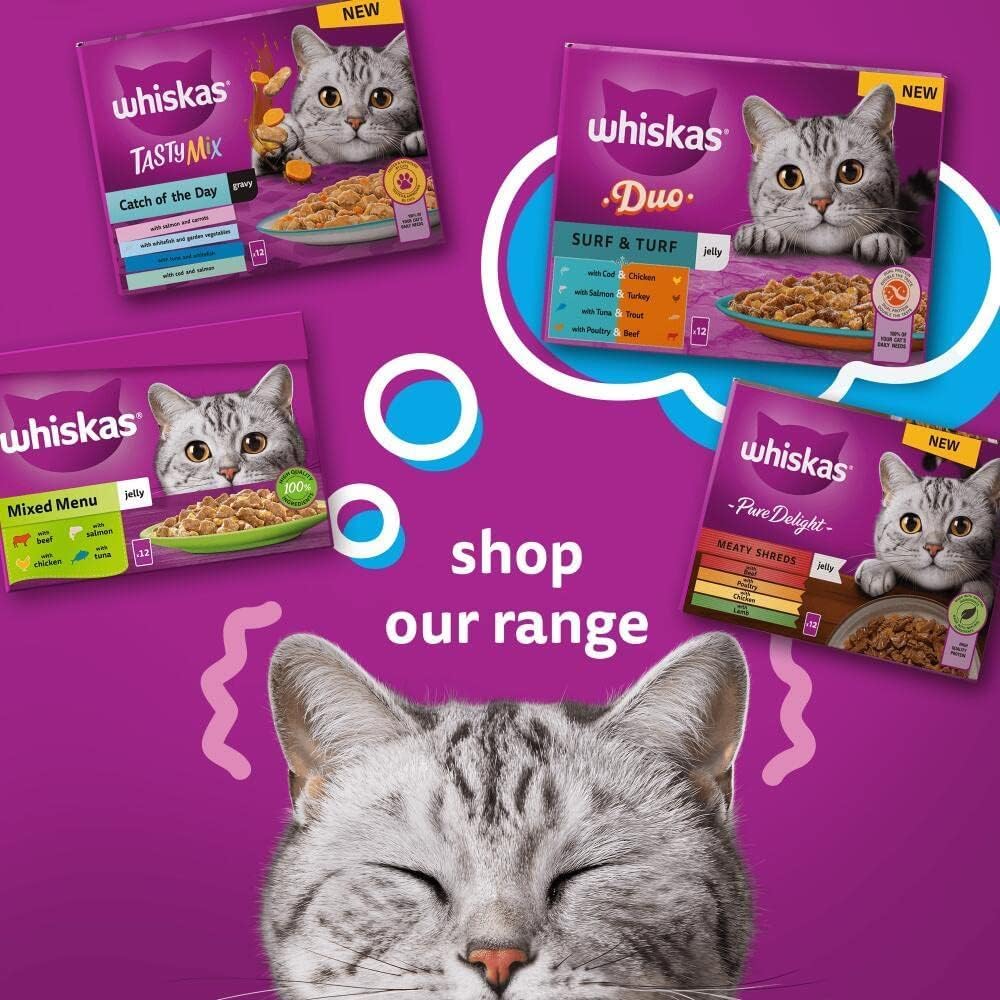 Whiskas 1+ Adult Wet Cat Food Poultry Selection in Jelly 120 x 85g Pouches Megapack, Tender Cuts in Flavoured Gravy, Nutritionally Complete, Easy to Serve, Variety Pack for Adult Cats