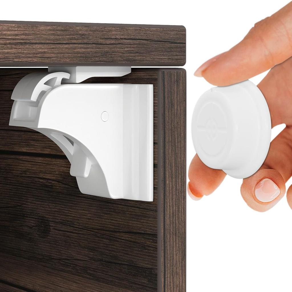 Hoffenbach Magnetic Child Lock with Mounting Aid - Cupboard Lock - Invisible Drawer Lock - for Baby and Children (White, 12 Magnets + 3 Keys)