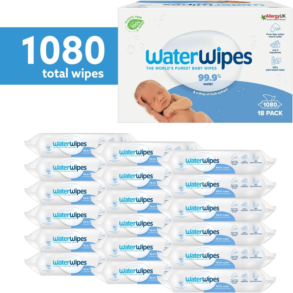 WaterWipes Plastic-Free Original Baby Wipes, 1080 Count (18 packs), 99.9% Water Based Wipes, Unscented for Sensitive Skin (Packaging may vary)