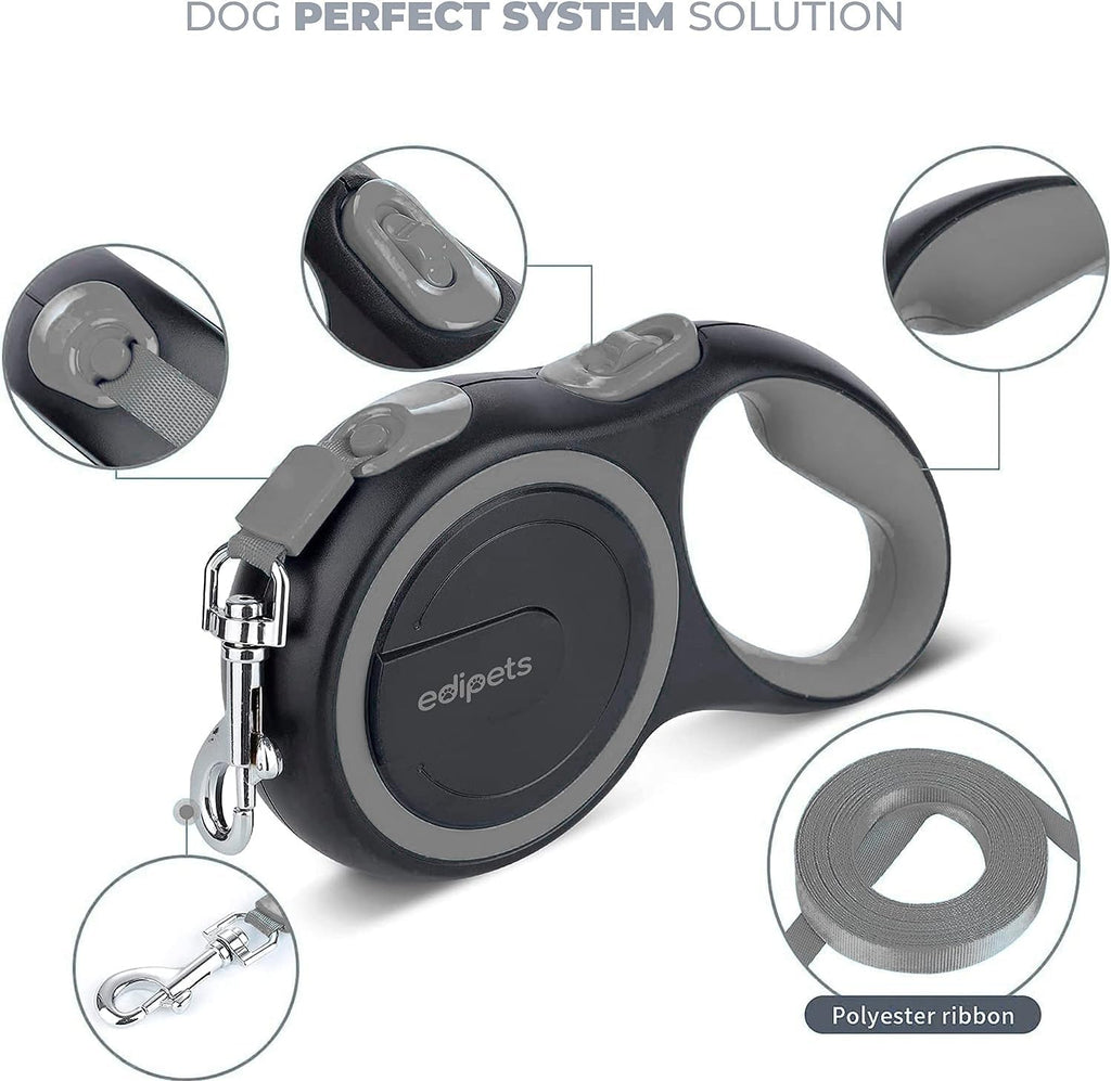 Edipets, Retractable Dog Lead, 3, 5 and 8 Metres, Extendable, Flexible Band for Walks, Dog Leash (Grey, 8 Metres)
