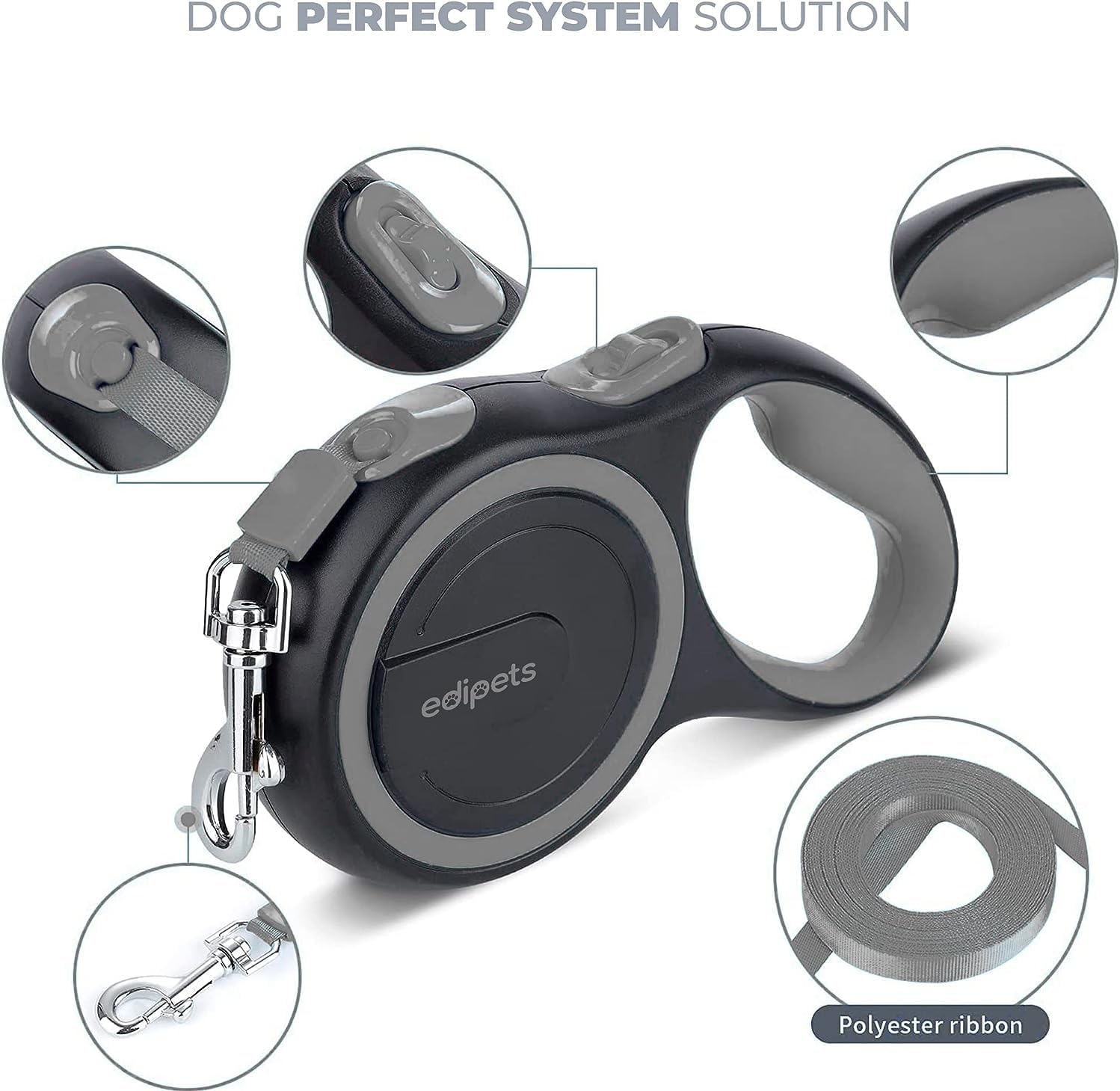 Edipets, Retractable Dog Lead, 3, 5 and 8 Metres, Extendable, Flexible Band for Walks, Dog Leash (Grey, 8 Metres)