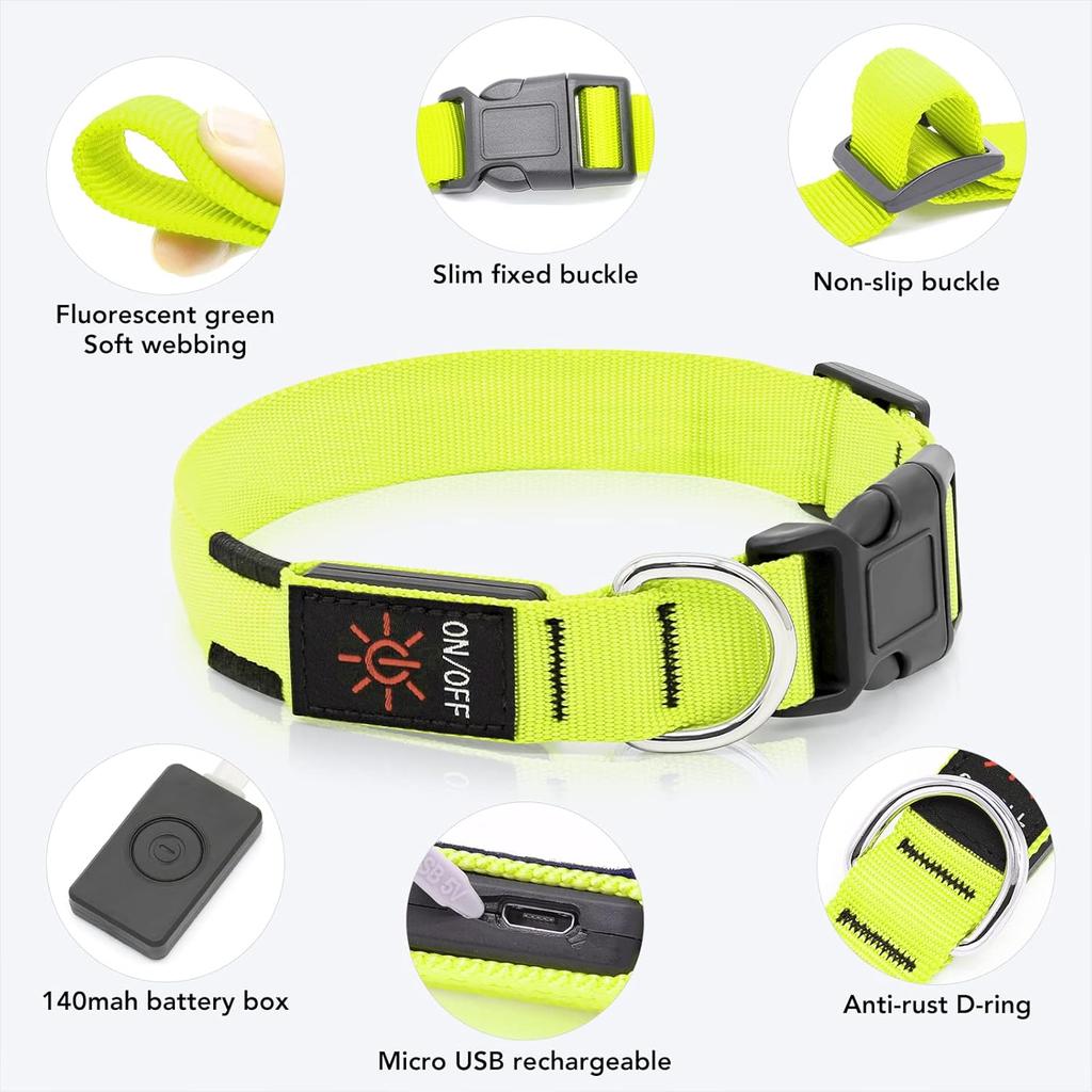 KOSKILL Light-Up Dog Collar, Rechargeable USB Collar, Waterproof, Luminous LED Collar, Adjustable, Super Bright, for Medium/Large Dogs, Green, M