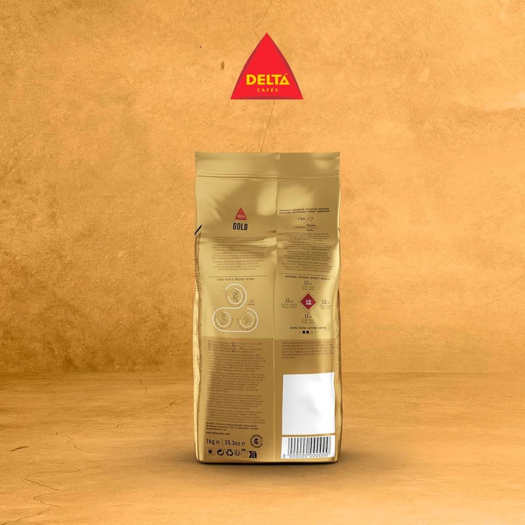 Delta Cafés - Gold Coffee Beans - Blend of Arabica and Robusta Roasted Coffee Beans - Intensity 8 - Very Aromatic with Honey and Ripe Fruit Notes - 1 kg