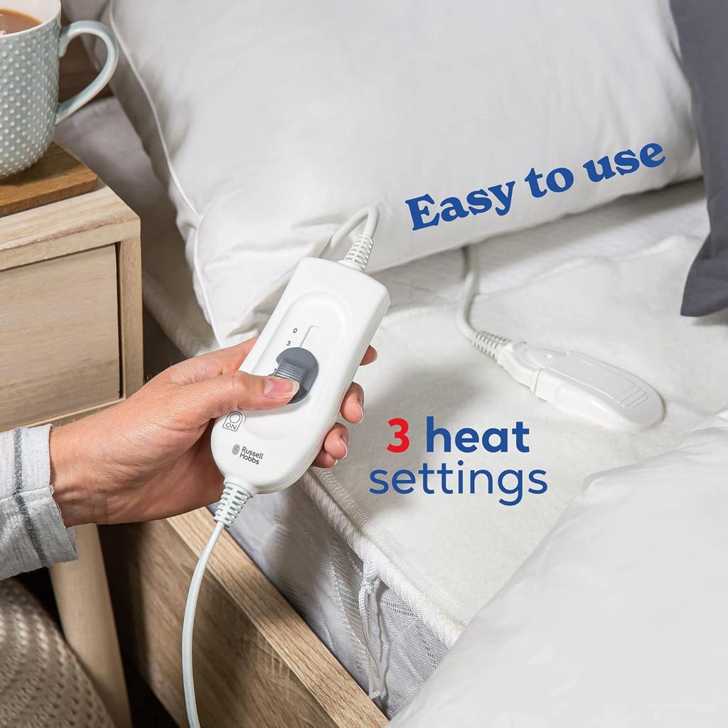 Russell Hobbs Electric Blanket, Heated Single Fitted Underblanket, 3 Heat Settings, Low Energy & Energy Efficient, Machine Washable, 70 X 150 cm, 60W, White, RHESB6001, 2 Year Guarantee