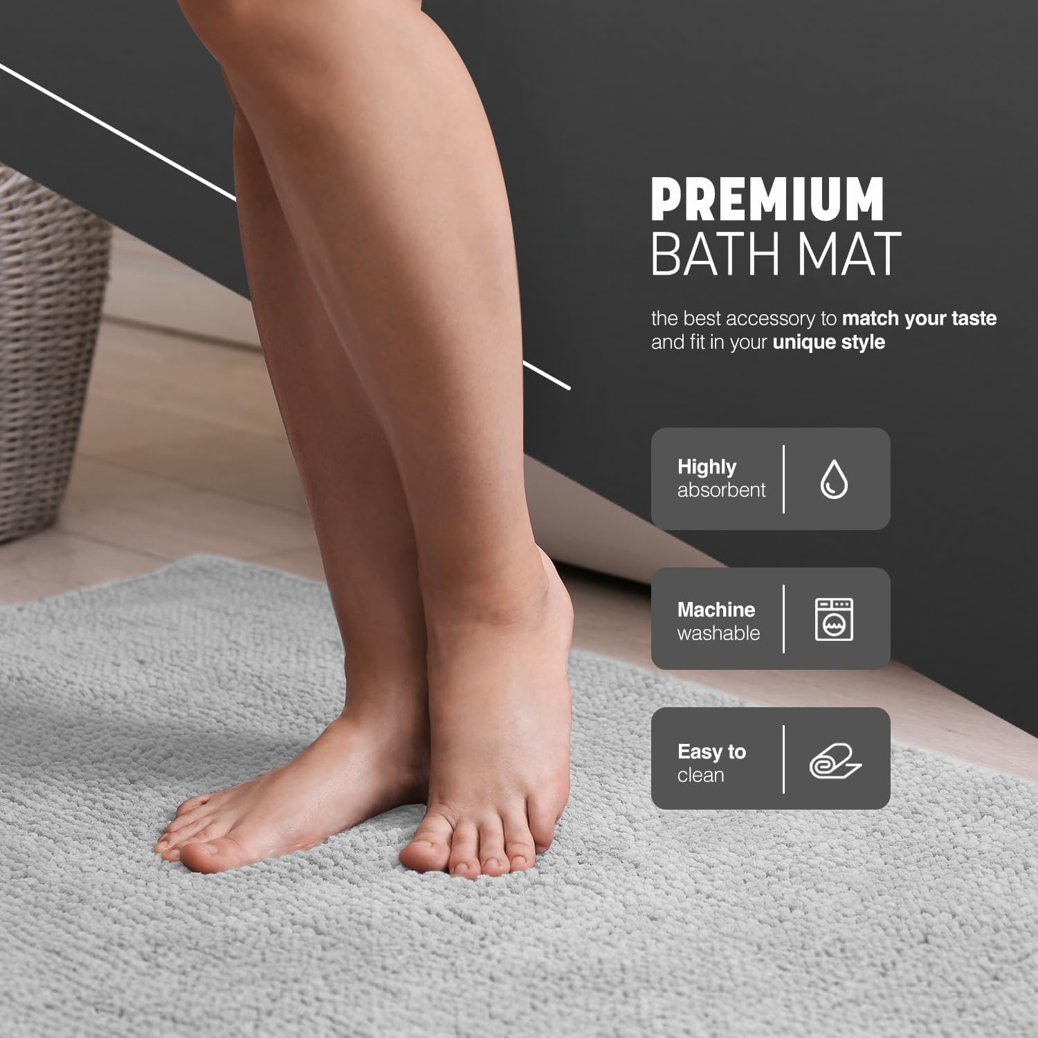 KEPLIN Non-Slip Microfibre Bath & Toilet Mat - Soft, Plush & Comfortable Rug with Machine Washable Design - Water Absorbent & Quick Drying to Keep Bathroom & Home Hygienic & Clean-(40x60cm) Light Grey