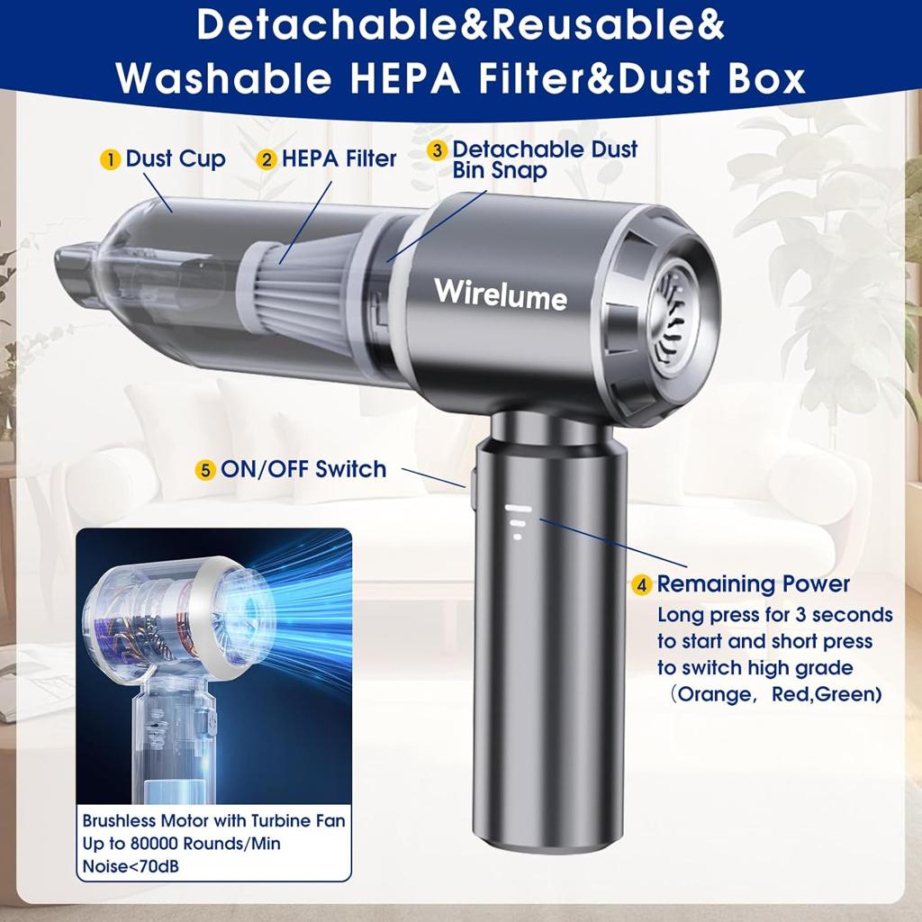 Wirelume Handheld Car Vacuum Cleaner Cordless Powerful 22000Pa Strong Cyclonic Suction Blowing Brushless Motor Portable Rechargable Lightweight for Pet Hair Vehicle Home Office Dark Grey