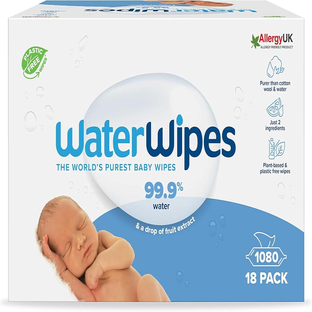 WaterWipes Plastic-Free Original Baby Wipes, 1080 Count (18 packs), 99.9% Water Based Wipes, Unscented for Sensitive Skin (Packaging may vary)