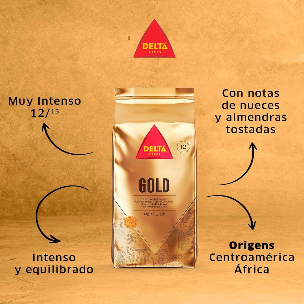 Delta Cafés - Gold Coffee Beans - Blend of Arabica and Robusta Roasted Coffee Beans - Intensity 8 - Very Aromatic with Honey and Ripe Fruit Notes - 1 kg
