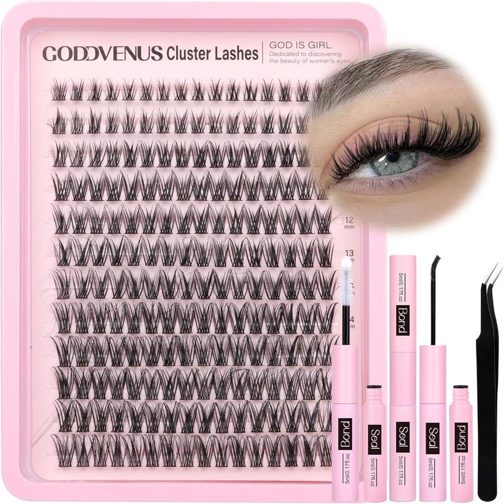 Goddvenus Individual Eyelashes Wispy Lash Clusters Kit D Curl Eyelashes Individual Kit Natural Lash Extension Kit with Russian Cluster Lashes Glue Bond and Seal and Lash Tweezers (D Curl 192pcs)