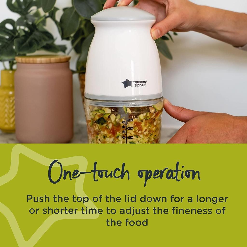 Tommee Tippee Quick-Chop, 500ml Capacity, Mini Electric Baby Food Blender and Chopper for all Stages of Weaning, Durable Glass Bowl and Stainless Steel Blades, 200W Motor