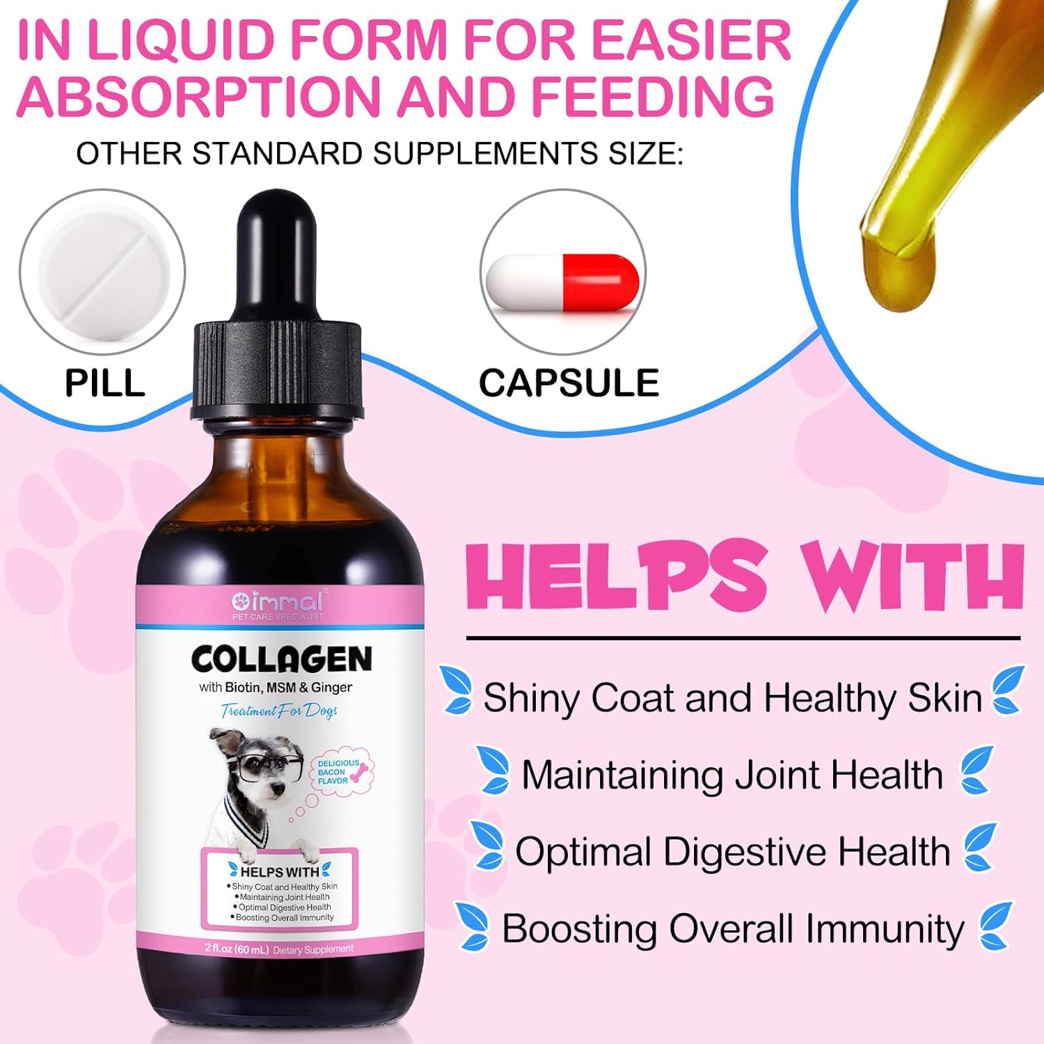 Frovetani Liquid Collagen for Dogs | Collagen for Dogs | Liquid Collagen Skin and Coat | Itching Relief for Dogs with Allergies | Skin and Fur Supplement for Dogs Bacon Flavour 2fl.oz