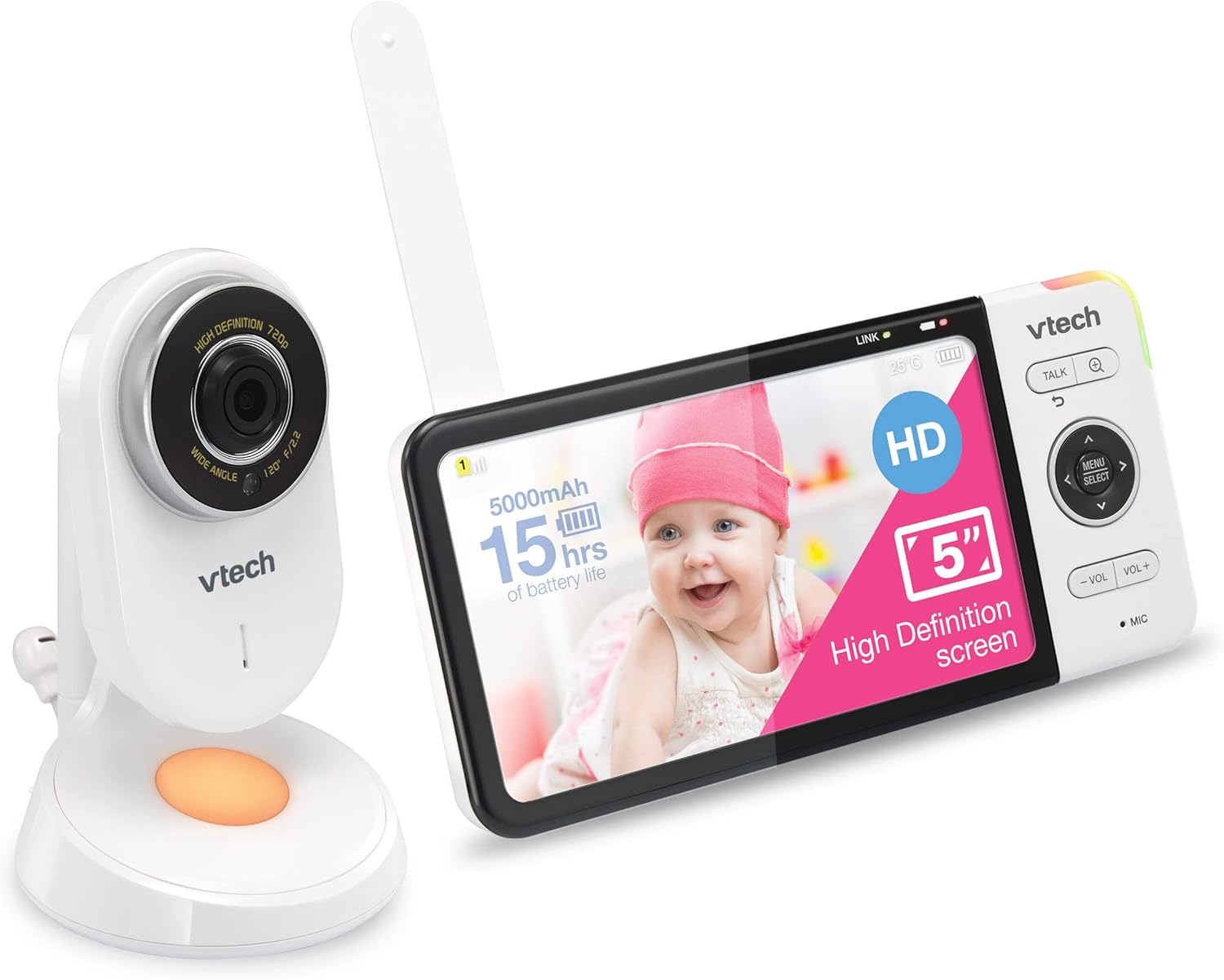 VTech VM818HD Baby Monitor with Camera,HD No-Glare Night Vision,Video Baby Monitor with 5'' 720p HD Display,Night Light,110°Wide-Angle View,True-Colour Day Vision 300m Range,2-Way Talk White