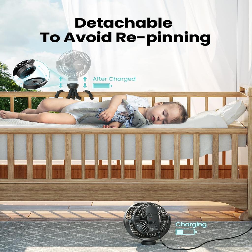 gaiatop Mini Portable Pram Fan, Rechargeable Small Clip on Fan for Stroller, Detachable 3 Speed 360° Rotate Flexible Tripod Handheld Desk Cooling for Car Seat Crib Treadmill Travel Black