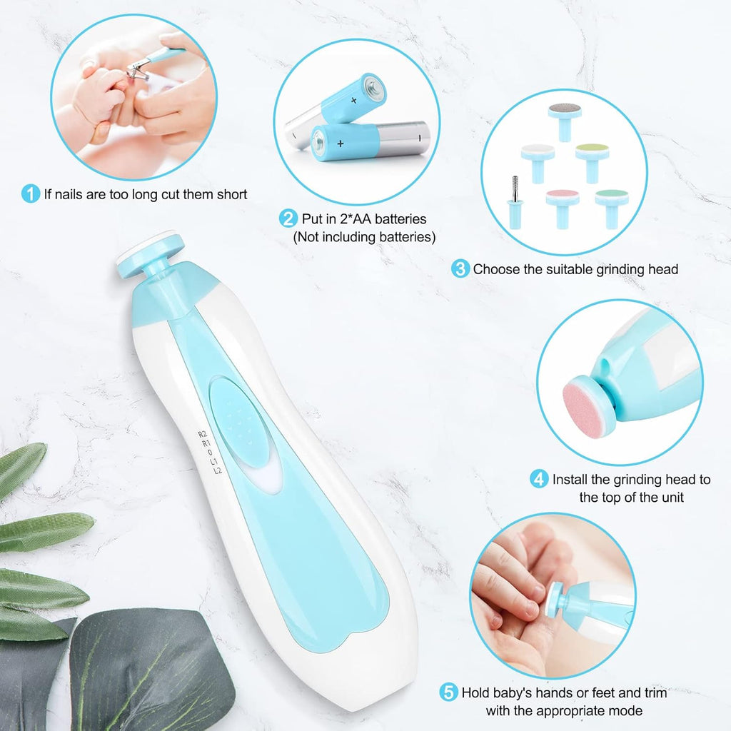 Qunlions Life Baby Electric Nail File, 8 In 1 Safe Trimmer, Clippers With 6 Grinding Heads And Light, Care Kit For All Ages Blue1