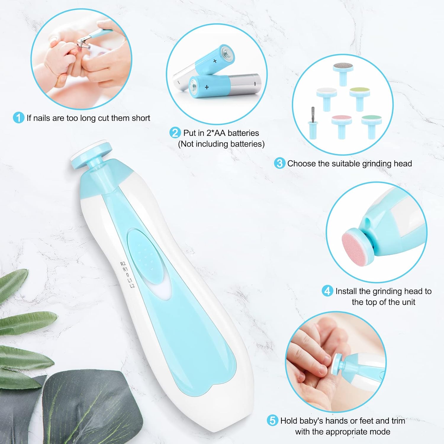Qunlions Life Baby Electric Nail File, 8 In 1 Safe Trimmer, Clippers With 6 Grinding Heads And Light, Care Kit For All Ages Blue1