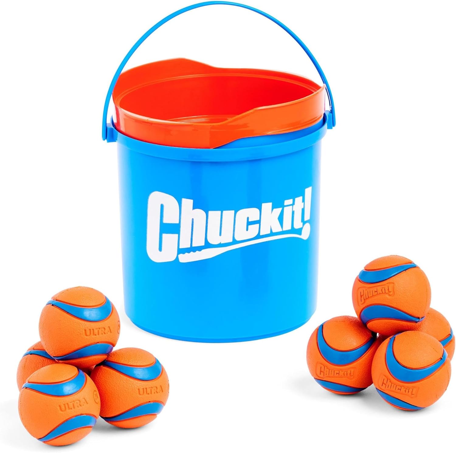 ChuckIt! Ultra Ball Dog Toy Chuckit Bucket Durable Rubber Dog Ball and Bucket High Bounce Floating Chuck It Launcher Compatible Toy Balls For Dogs with Carrier, 8 Pack, Medium