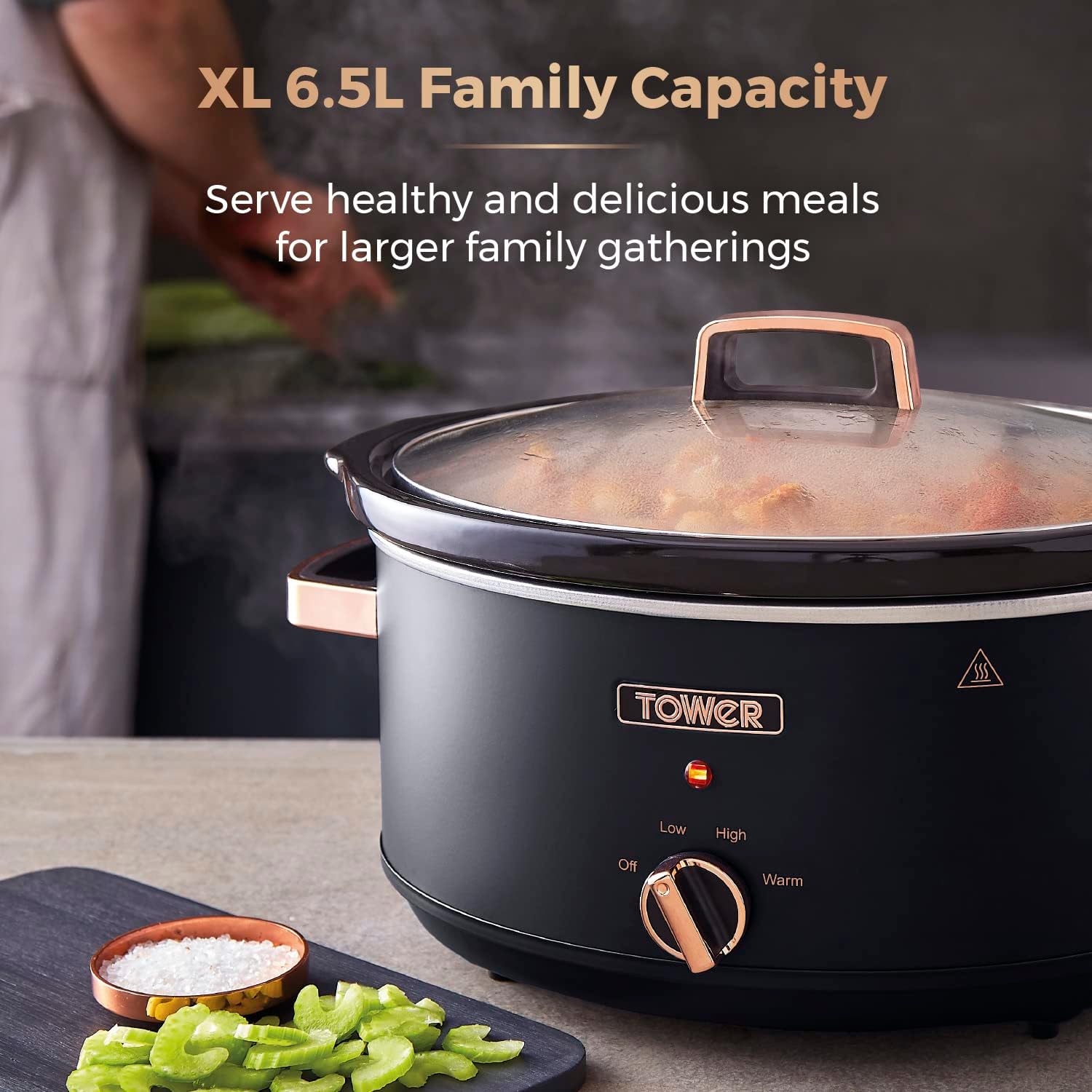 Tower T16043BLK Cavaletto 6.5 Litre Slow Cooker with 3 Heat Settings, Cool Touch Handles, Black and Rose Gold
