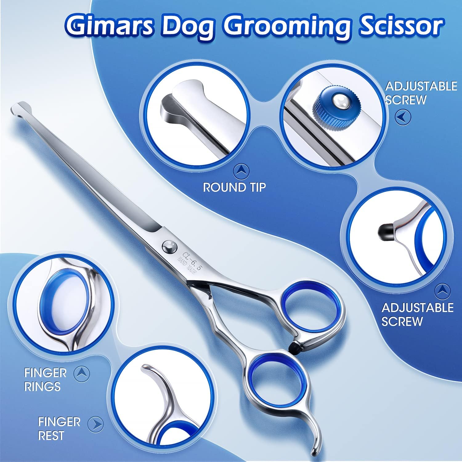 Gimars Professional 5 in 1 Dog Grooming Scissors, 4CR with Round Safety Tip, Heavy Duty Titanium Coating, Straight and Thinning and Curved Scissors