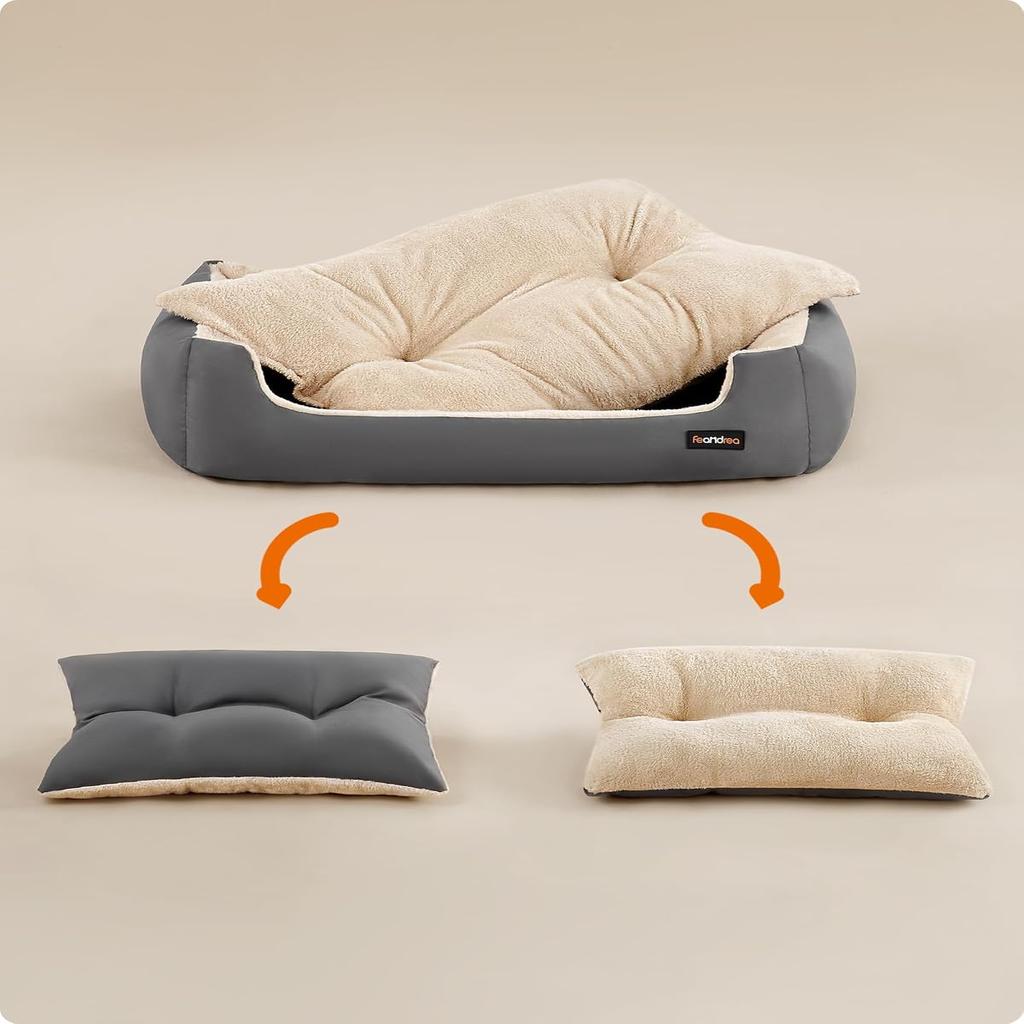 Feandrea Dog Bed Large Washable, Soft Cosy Grey Dog Sofa Bed Puppy Bed for Medium Large Dogs, Removable Reversible Cushion Dog Beds Pet Bed, 85 x 65 x 21 cm, Dark Grey PGW004G01