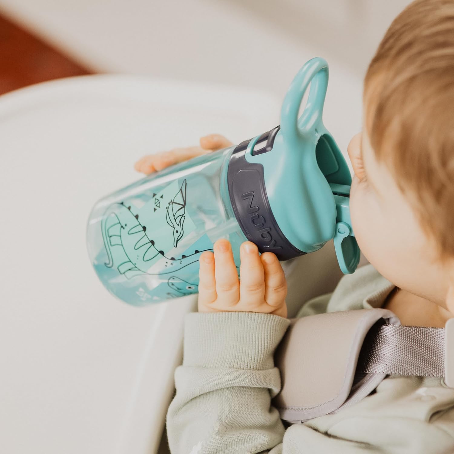 Nuby Incredible Gulp Water Bottle - No Spill, Active Sippy Cup for Toddlers, 360 ml, Carry Handle, Dishwasher and Microwave Safe, Suitable for Ages 18 Months + (Dinosaurs,