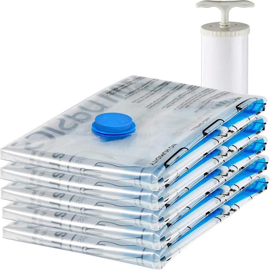 Amazon Basics Vacuum Compression Zipper Storage Bags with Airtight Valve and Hand Pump, Medium, 5-Pack, Clear