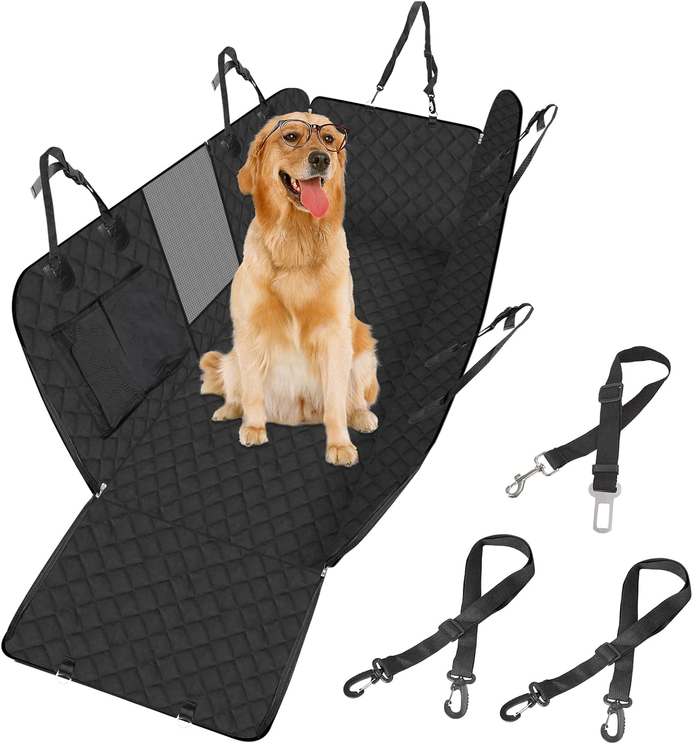 Sosayet Dog Blanket Car Rear Seat - 4-in-1 Car Seat Cover for Dogs with Side Protection, Viewing Window & Seat Belt - Waterproof, Non-Slip, Scratch-Resistant - 137 x 147 cm for Car, SUV & Van