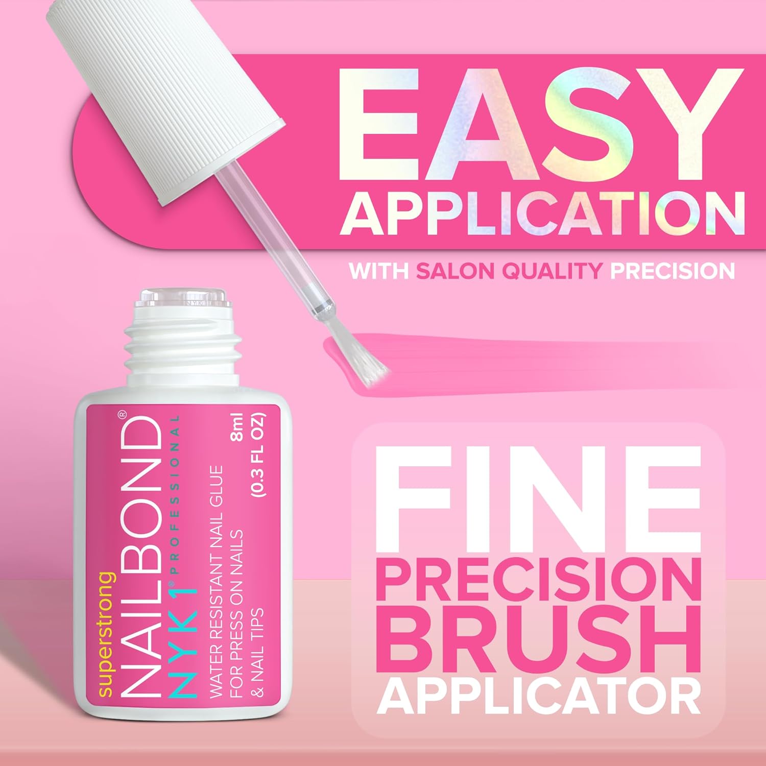 Super Strong Nail Glue for Press On Nails, Tips & False Nails (8ml) NYK1 NailBond Brush On Nail Glue Extra Strong for Press Ons, Tips & Acrylics - Long Lasting, Maximum Strength, Mess-Free Application